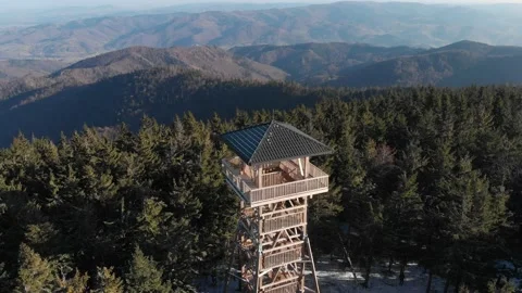 Post and beam observation tower on Radziejowa summit in Beskids Mountains Stock Footage 145300952