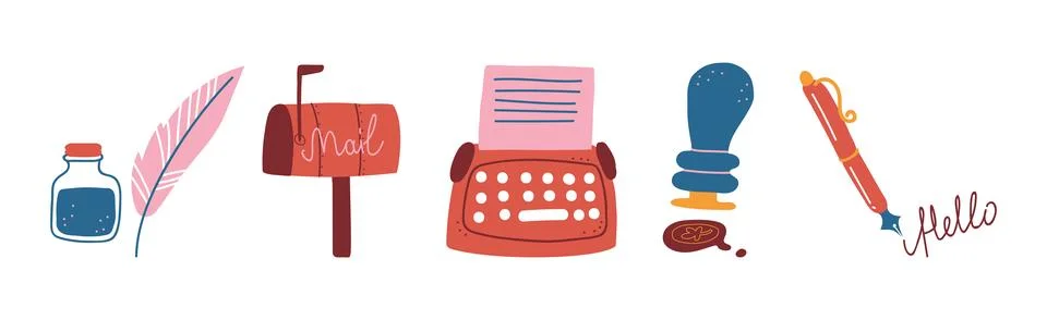 Post and Mail Service Object and Item Vector Set Stock Illustration