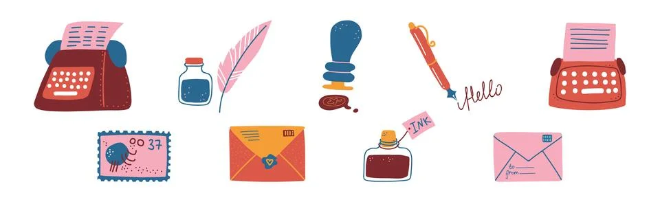 Post and Mail Service Object and Item Vector Set Stock Illustration