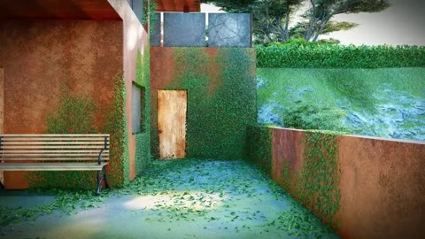 Post Apocalyptic 3D Animation Abandoned Rusty Balcony with Ivy in Wind Stock Footage 335669117