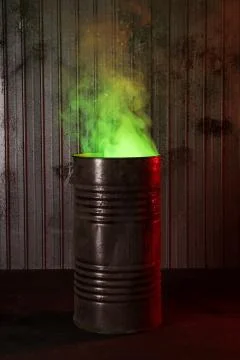 Post-apocalyptic background with old rusty barrel Foto stock