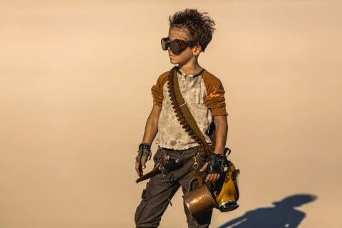 Post Apocalyptic Boy Outdoors in Desert. Stock Photos