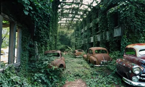 Post-Apocalyptic building with rusty old cars - 4 Stock Footage 281853173