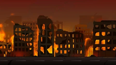 Post-Apocalyptic City on Fire – Animated Background Stock Footage 309244393