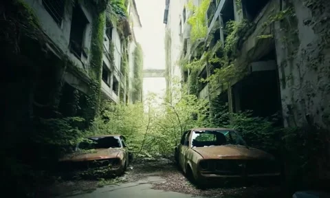 Post-Apocalyptic City with rusty old cars - 2 Stock Footage 281853147