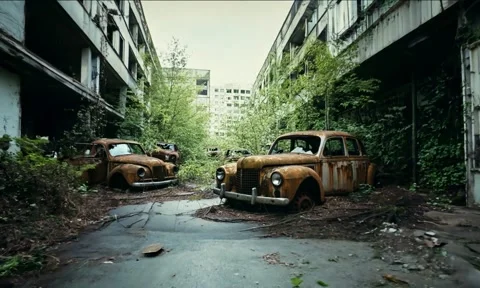 Post-Apocalyptic City with rusty old cars 1 Stock Footage 281853188
