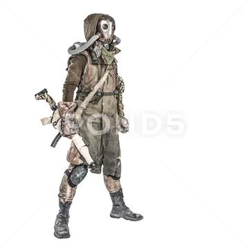 Post apocalyptic creature in gas mask armed by gun Stock Photos