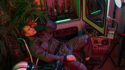 Post-apocalyptic depression, concept. A man in a flight suit, Stock-Fotos