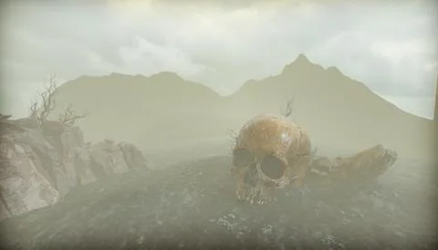 Post-apocalyptic landscape with human skull, ruined ground, dry trees, dist.. Stock Illustration