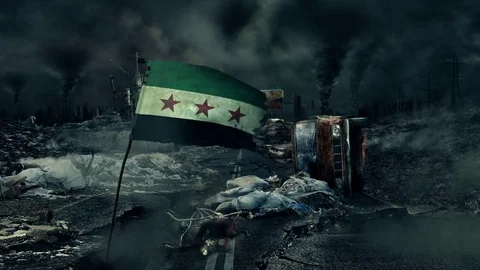 Post apocalyptic scene - Syrian Flag (National Coalition) Video stock 75320429