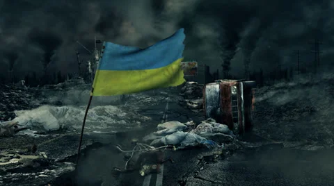 Post apocalyptic scene - Ukrainian flag Video stock 36331517