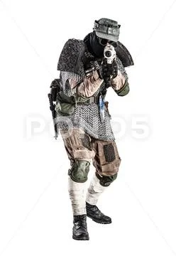 Post apocalyptic soldier aiming firearm weapon Stock Photos
