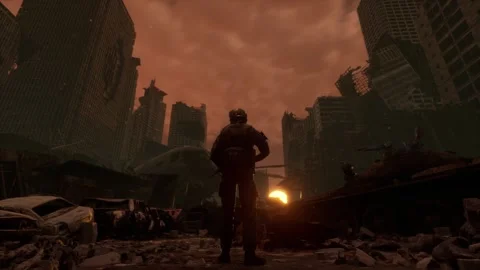 Post Apocalyptic Soldier Silhouette Red Sky Ruins Stock Footage 337814059