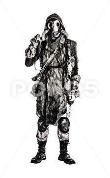 Post apocalyptic survivor in gas mask and rags Stock Photos