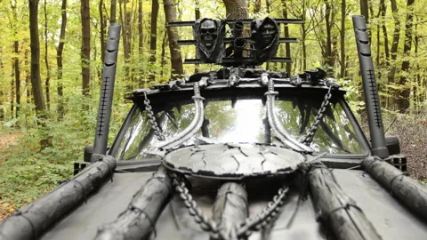 Post-apocalyptic theme, chain details, dark forest Stock Footage 345573172