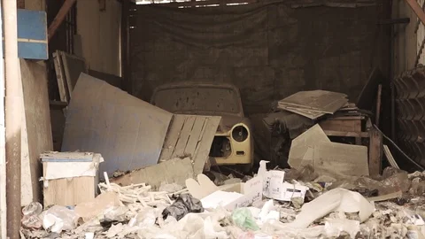 Post apocalyptic world after nuclear war. Russian old car in apocalypse garbage Stock Footage 115276729