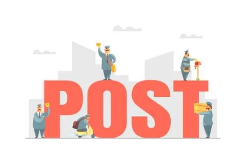 Post Big Word with Postmen in Uniform Delivering Parcels and Letters, Express Stock Illustration