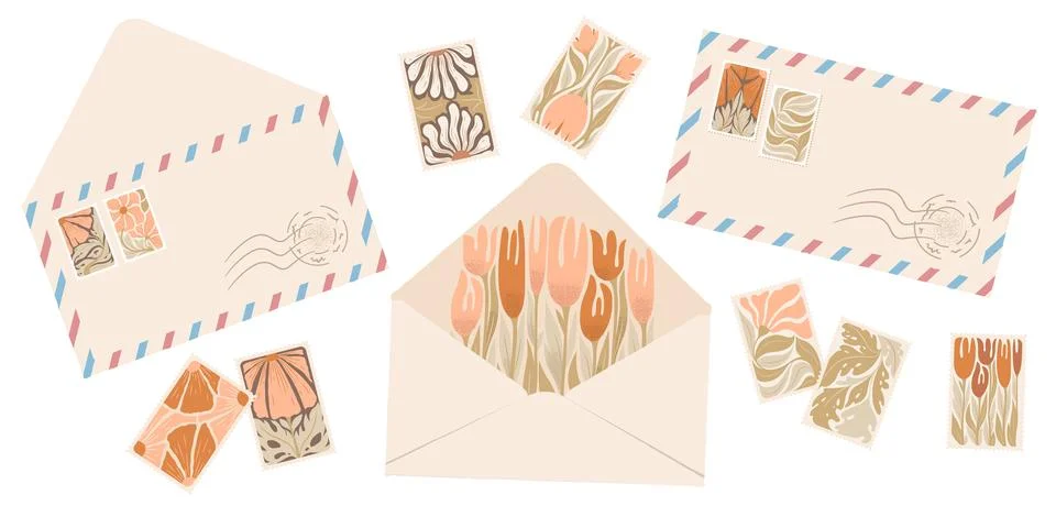 Post card, envelope and post stamp set. Collection of hand drawn mail eleme.. Stock Illustration