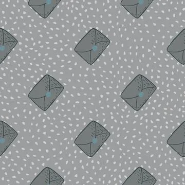 Post card mail seamless doodle pattern in grey colored palette. Dotted backgr Stock Illustration