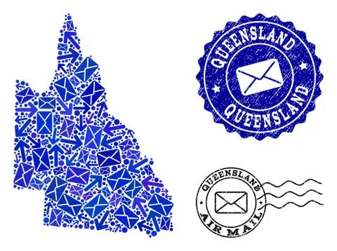 Post Communication Collage of Mosaic Map of Australian Queensland and Grunge 스톡 일러스트