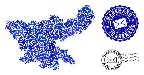 Post Communication Collage of Mosaic Map of Jharkhand State and Grunge Stamps 스톡 일러스트