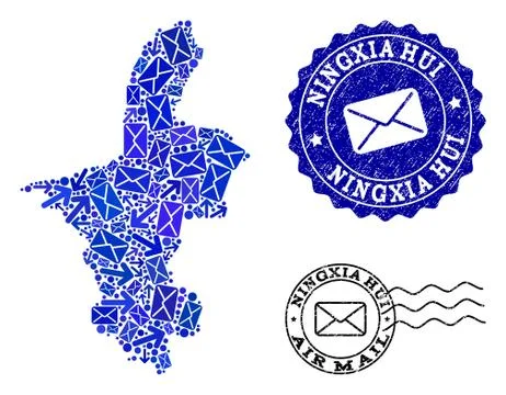 Post Communication Collage of Mosaic Map of Ningxia Hui Region and Distress Stock Illustration