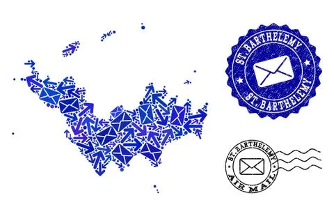 Post Communication Collage of Mosaic Map of Saint Barthelemy and Grunge Seals 스톡 일러스트