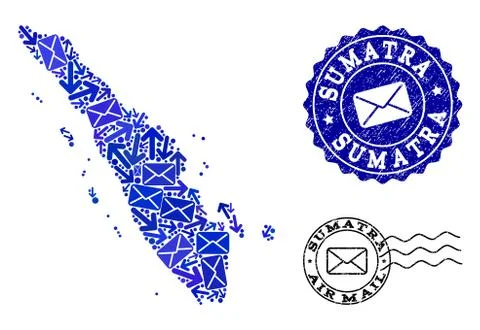 Post Communication Collage of Mosaic Map of Sumatra Island and Textured Seals Stock Illustration