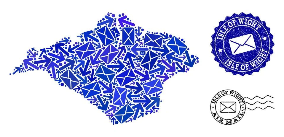 Post Communication Composition of Mosaic Map of Isle of Wight and Grunge Seals 스톡 일러스트