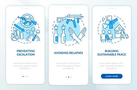 Post conflict stabilization blue onboarding mobile app screen Stock Illustration