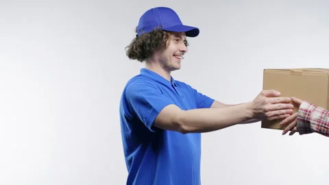 Post courier man delivering parcel box to recipient. Got payment for service. Stock Footage 279861153