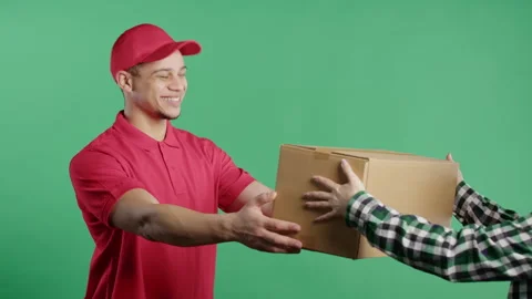 Post Courier Man Delivering Parcel Box To Recipient. Postal worker home delivery Stock Footage 280395804