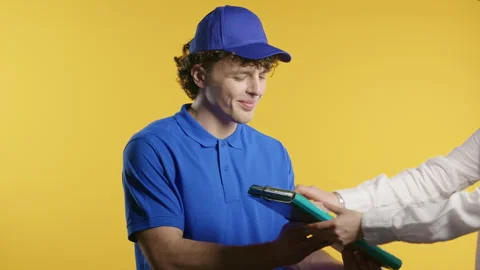 Post Courier Man Delivering Parcel Box To Recipient. Got order confirmation Stock Footage 284992629