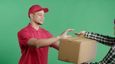 Post Courier Man Delivering Parcel Box To Recipient. Got Payment For Service. Stock Footage 294108661