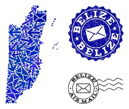 Post Delivery Collage of Mosaic Map of Belize and Textured Stamps 스톡 일러스트