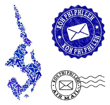 Post Delivery Collage of Mosaic Map of Koh Phi Leh and Grunge Seals 스톡 일러스트