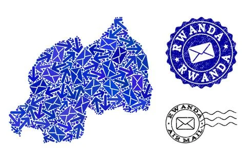 Post Delivery Collage of Mosaic Map of Rwanda and Textured Seals 스톡 일러스트
