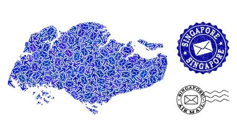 Post Delivery Collage of Mosaic Map of Singapore and Scratched Seals 스톡 일러스트