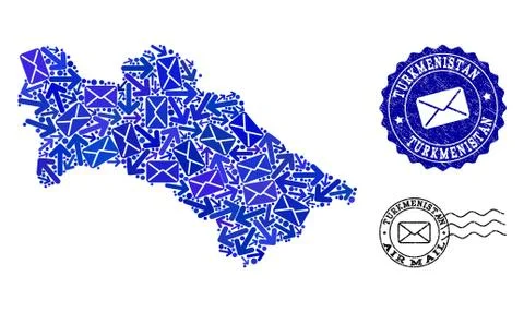 Post Delivery Collage of Mosaic Map of Turkmenistan and Grunge Stamps 스톡 일러스트