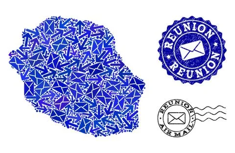 Post Delivery Composition of Mosaic Map of Reunion Island and Scratched Stamps Stock Illustration