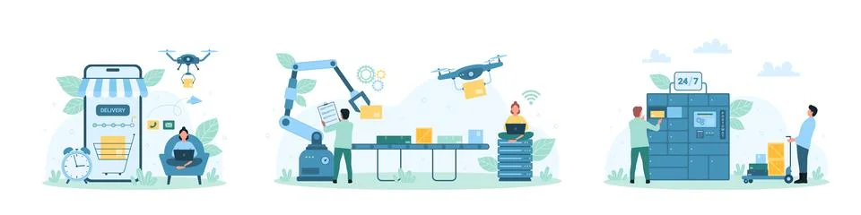 Post delivery service set, tiny people control machinery in warehouse, using Stock Illustration