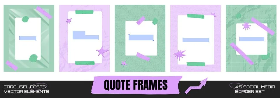 Post frame set with taped paper cards. Mint lilac blue and crumpled surfaces Stock Illustration