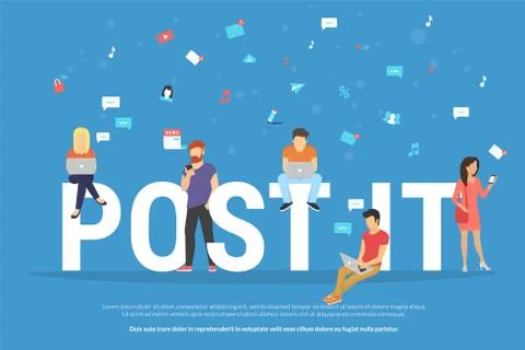 Post it concept illustration of young people using devices such as laptop and Stock Illustration