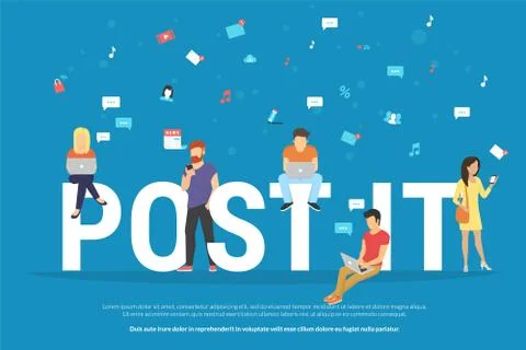 Post it concept illustration of young people using devices such as laptop a.. Stock Illustration