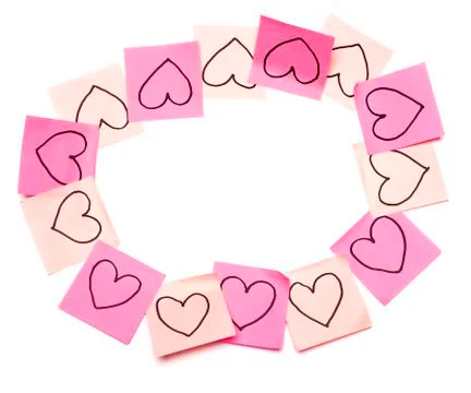 Post-it pink frame with drawn hearts Stock Photos