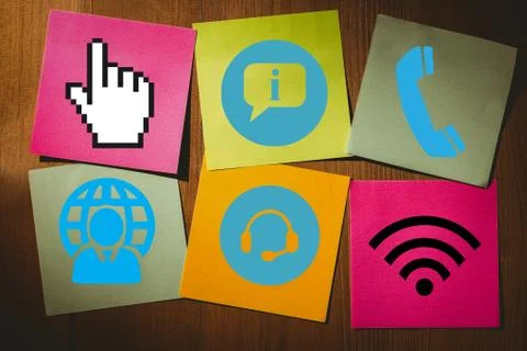 Post it sticking on a wall with technology icons above Ilustração Stock
