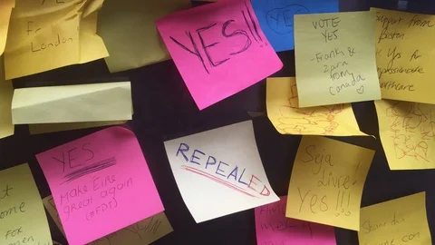 Post-its say "YES", "REPEALED," abortion referendum, Dublin, Ireland - 2018 Video stock 90234930