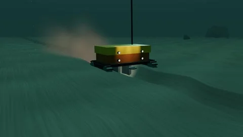 Post lay burial vehicle working an offshore cable wide shot loop Stock-Footage 345052349