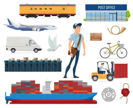 Post mail delivery and postman vector flat icons Illustration