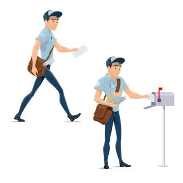 Post mail postman at delivery work vector icons Illustrazione stock
